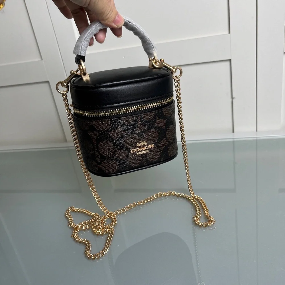 Coach Brown/Black Signature Mini Vanity Crossbody with Gold Chain - Picture 7 of 8